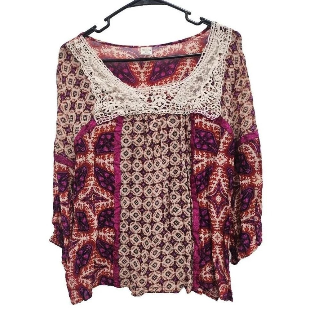 Bila Blouse Top Womens XL Red Purple Boho Crochet Lace Trim Floral 3/4 Sleeve